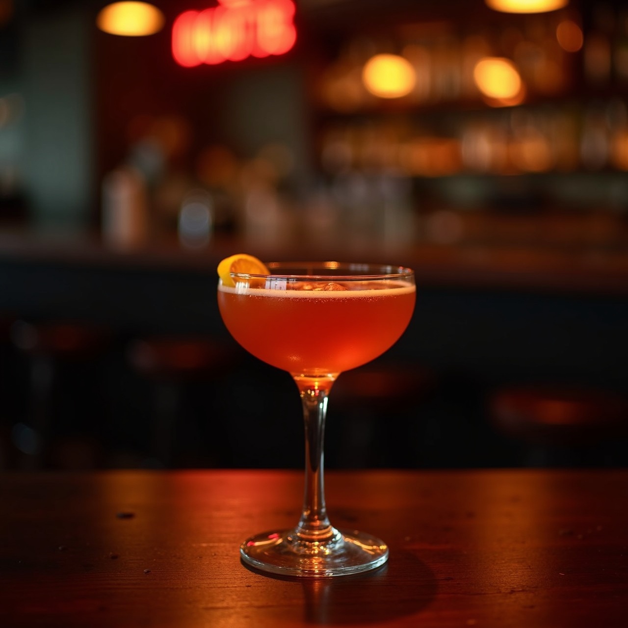 an amber cocktail on a dark bar